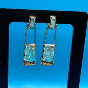 Bohemian Wood And Marble Effect Oblong Shaped Drop Statement Earrings